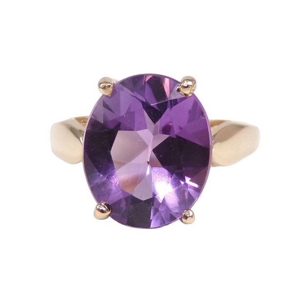 Solid 14K Yellow Gold Purple Amethyst Oval Ring Size 6.5